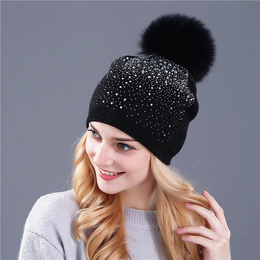 Gorro de Cachemira con Pompón de Pelaje de Zorro para Mujer - Image 27