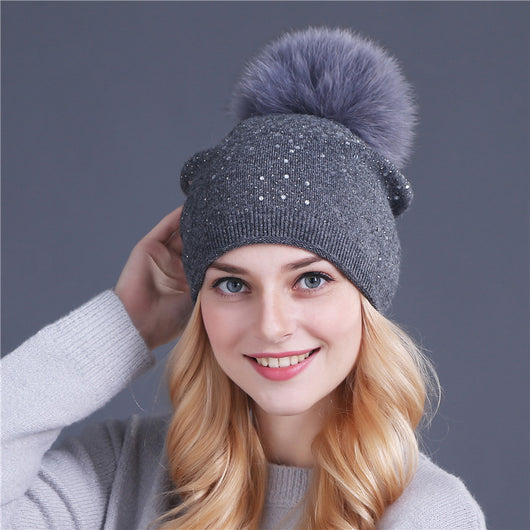 Gorro de Cachemira con Pompón de Pelaje de Zorro para Mujer - Image 31