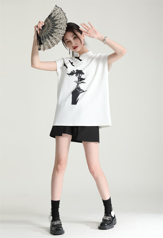 Blusa Cheongsam Moderna con Botones de Rana - Camiseta Estampada Manga Corta Verano - Image 15