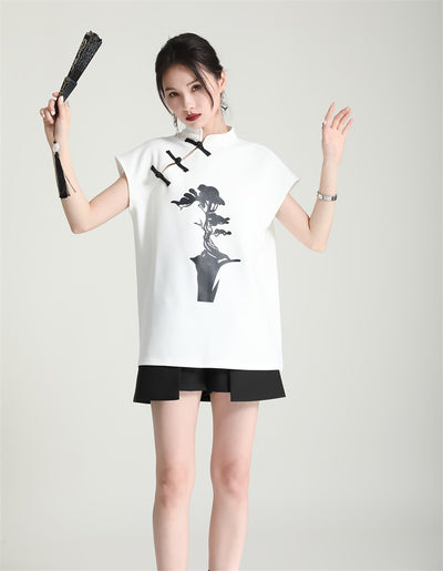 Blusa Cheongsam Moderna con Botones de Rana - Camiseta Estampada Manga Corta Verano - Image 18