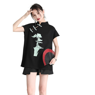 Blusa Cheongsam Moderna con Botones de Rana - Camiseta Estampada Manga Corta Verano - Image 24