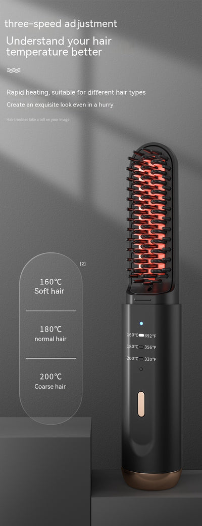 Black and rose gold wireless negative ion straight hair comb with three temperature settings and a sleek, portable design. - Image 18