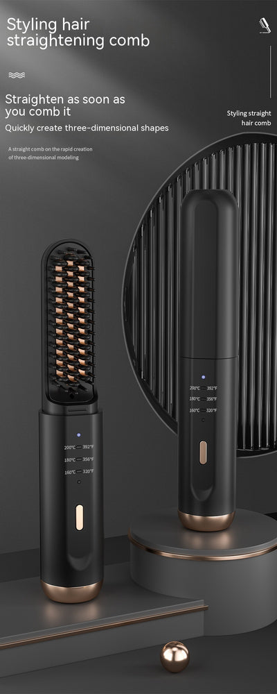 Black and rose gold wireless negative ion straight hair comb with three temperature settings and a sleek, portable design. - Image 21