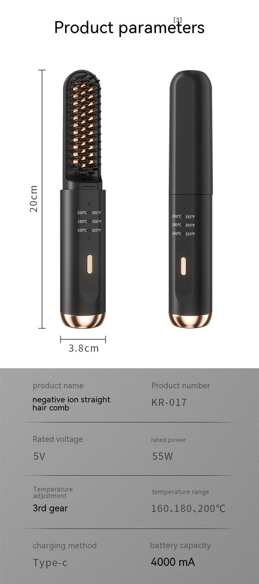 Black and rose gold wireless negative ion straight hair comb with three temperature settings and a sleek, portable design. - Image 23