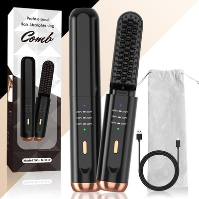Black and rose gold wireless negative ion straight hair comb with three temperature settings and a sleek, portable design. - Image 26
