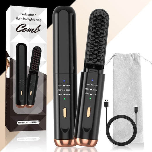 Black and rose gold wireless negative ion straight hair comb with three temperature settings and a sleek, portable design. - Image 26
