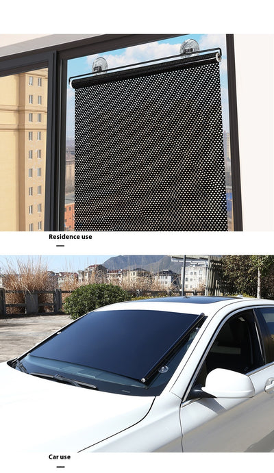 Black perforated roller blind with suction cups for window sun protection, measuring 60x40cm, shown extended. - Image 42
