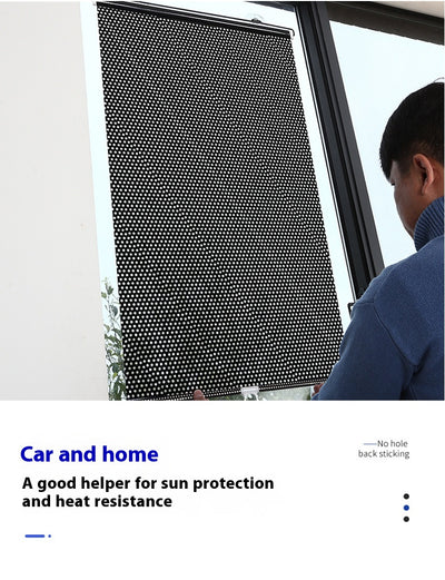 Black perforated roller blind with suction cups for window sun protection, measuring 60x40cm, shown extended. - Image 46
