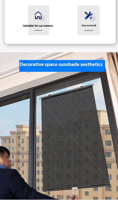 Black perforated roller blind with suction cups for window sun protection, measuring 60x40cm, shown extended. - Image 60