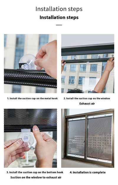 Black perforated roller blind with suction cups for window sun protection, measuring 60x40cm, shown extended. - Image 65