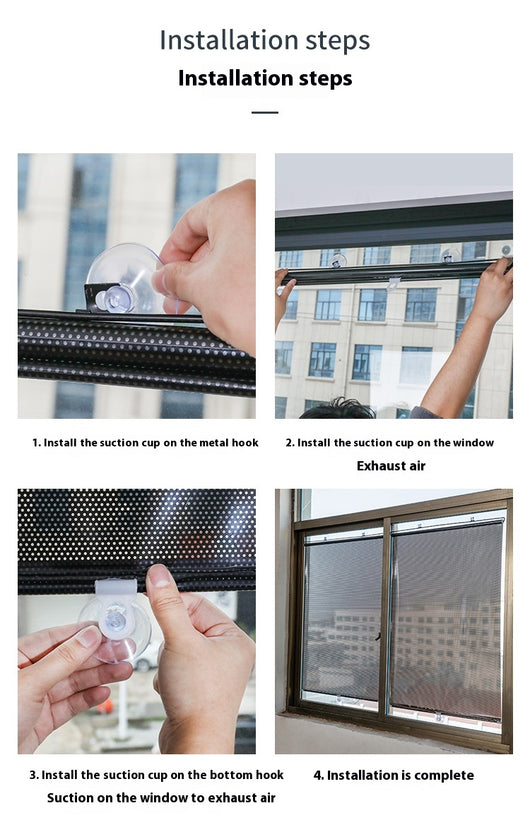Black perforated roller blind with suction cups for window sun protection, measuring 60x40cm, shown extended. - Image 65