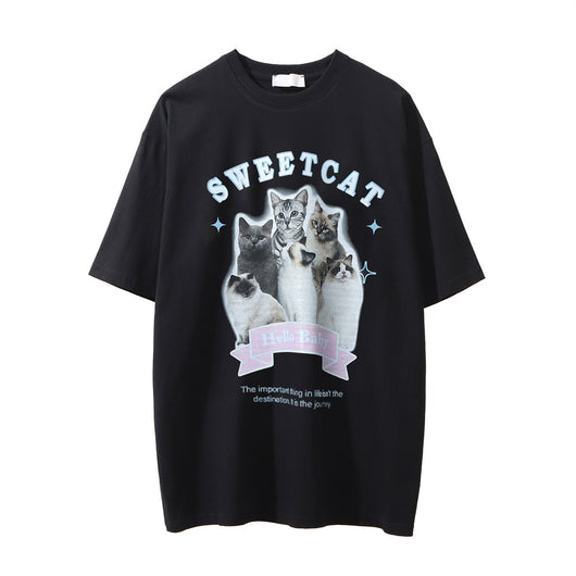 Camiseta Estampado Gatito Efecto Desgastado Manga Corta para Hombre - Image 21