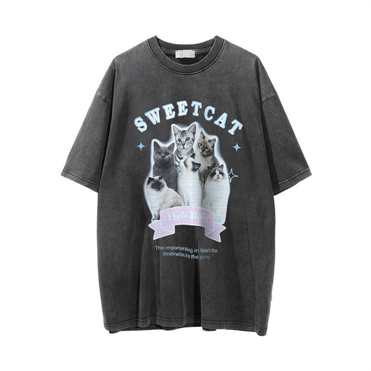 Camiseta Estampado Gatito Efecto Desgastado Manga Corta para Hombre - Image 22