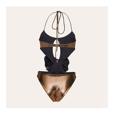 Metallic bronze one-piece swimsuit with a one-shoulder design, large decorative flower, and side cut-out revealing a black panel. - Image 20