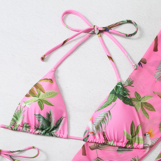 Milky white floral print three-piece swimsuit with triangle bikini top, v-cut bottom, and sheer long-sleeve cover-up. - Image 60