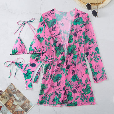 Milky white floral print three-piece swimsuit with triangle bikini top, v-cut bottom, and sheer long-sleeve cover-up. - Image 61