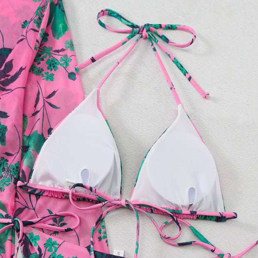 Milky white floral print three-piece swimsuit with triangle bikini top, v-cut bottom, and sheer long-sleeve cover-up. - Image 63