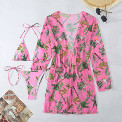 Milky white floral print three-piece swimsuit with triangle bikini top, v-cut bottom, and sheer long-sleeve cover-up. - Image 66