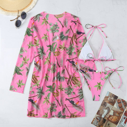 Milky white floral print three-piece swimsuit with triangle bikini top, v-cut bottom, and sheer long-sleeve cover-up. - Image 68