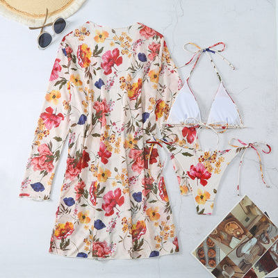 Milky white floral print three-piece swimsuit with triangle bikini top, v-cut bottom, and sheer long-sleeve cover-up. - Image 72