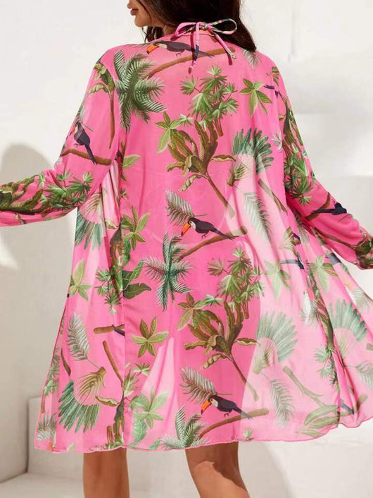 Milky white floral print three-piece swimsuit with triangle bikini top, v-cut bottom, and sheer long-sleeve cover-up. - Image 73