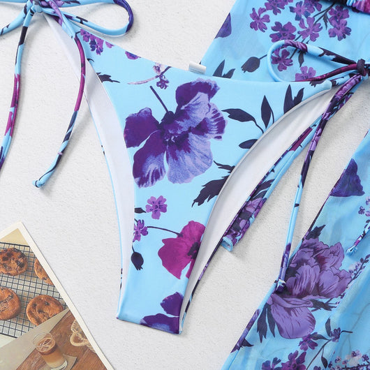 Milky white floral print three-piece swimsuit with triangle bikini top, v-cut bottom, and sheer long-sleeve cover-up. - Image 75