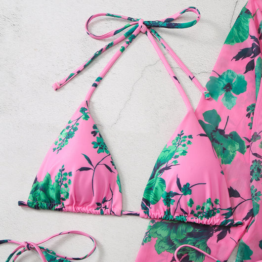 Milky white floral print three-piece swimsuit with triangle bikini top, v-cut bottom, and sheer long-sleeve cover-up. - Image 77