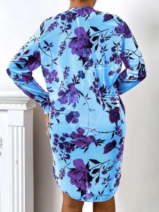 Milky white floral print three-piece swimsuit with triangle bikini top, v-cut bottom, and sheer long-sleeve cover-up. - Image 79