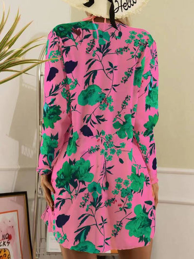 Milky white floral print three-piece swimsuit with triangle bikini top, v-cut bottom, and sheer long-sleeve cover-up. - Image 82