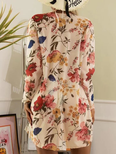 Milky white floral print three-piece swimsuit with triangle bikini top, v-cut bottom, and sheer long-sleeve cover-up. - Image 86