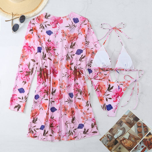 Milky white floral print three-piece swimsuit with triangle bikini top, v-cut bottom, and sheer long-sleeve cover-up. - Image 90