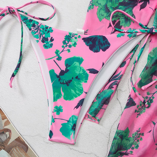 Milky white floral print three-piece swimsuit with triangle bikini top, v-cut bottom, and sheer long-sleeve cover-up. - Image 92