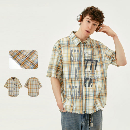 Camisa Cuadriculada Lavada con Borlas de Manga Corta - Image 14
