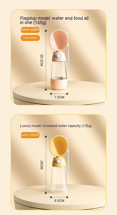 Yellow portable pet water bottle with clear reservoir, built-in drinking bowl, and wrist strap, 28cm tall. - Image 17