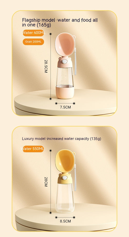 Yellow portable pet water bottle with clear reservoir, built-in drinking bowl, and wrist strap, 28cm tall. - Image 17