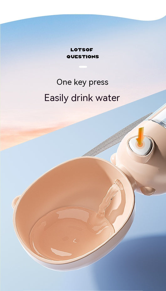 Yellow portable pet water bottle with clear reservoir, built-in drinking bowl, and wrist strap, 28cm tall. - Image 19