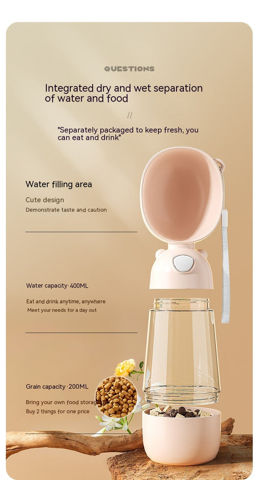 Yellow portable pet water bottle with clear reservoir, built-in drinking bowl, and wrist strap, 28cm tall. - Image 21