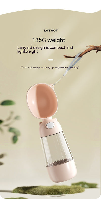 Yellow portable pet water bottle with clear reservoir, built-in drinking bowl, and wrist strap, 28cm tall. - Image 23
