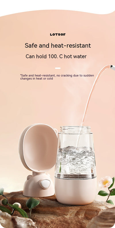 Yellow portable pet water bottle with clear reservoir, built-in drinking bowl, and wrist strap, 28cm tall. - Image 26