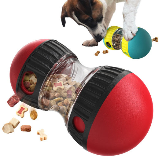 Teal and yellow food dispensing dog toy with a clear middle section and treat holes, designed for slow feeding. - Image 19