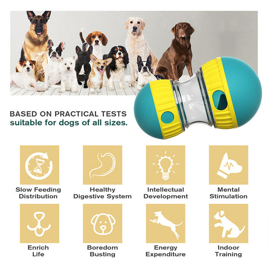 Teal and yellow food dispensing dog toy with a clear middle section and treat holes, designed for slow feeding. - Image 23