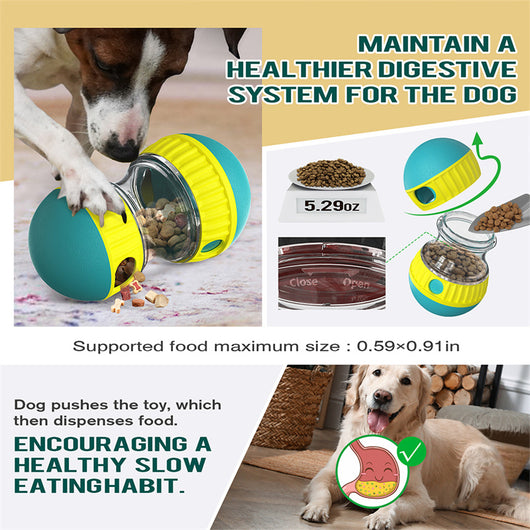 Teal and yellow food dispensing dog toy with a clear middle section and treat holes, designed for slow feeding. - Image 25