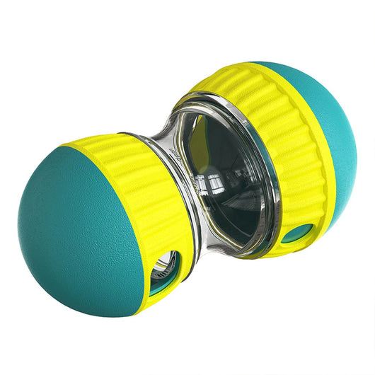 Teal and yellow food dispensing dog toy with a clear middle section and treat holes, designed for slow feeding. - Image 29