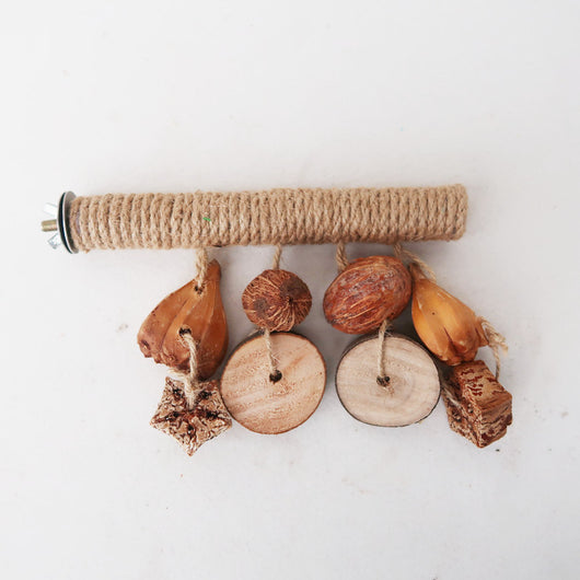 Hemp rope braided bird perch with natural wood slices and seed pods hanging, attached inside a wire bird cage. - Image 12