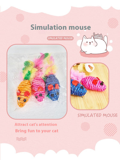 Set of three colorful sisal mouse cat toys with feather tails, packaged in clear plastic. - Image 6