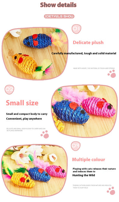 Set of three colorful sisal mouse cat toys with feather tails, packaged in clear plastic. - Image 7