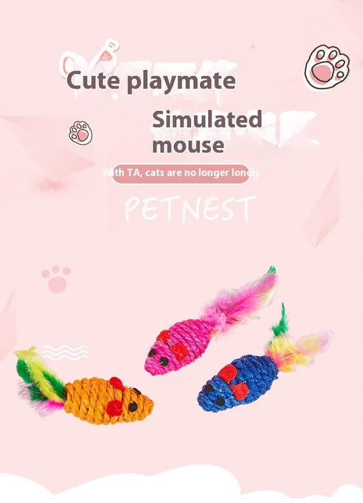 Set of three colorful sisal mouse cat toys with feather tails, packaged in clear plastic. - Image 8