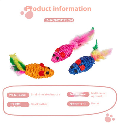 Set of three colorful sisal mouse cat toys with feather tails, packaged in clear plastic. - Image 9