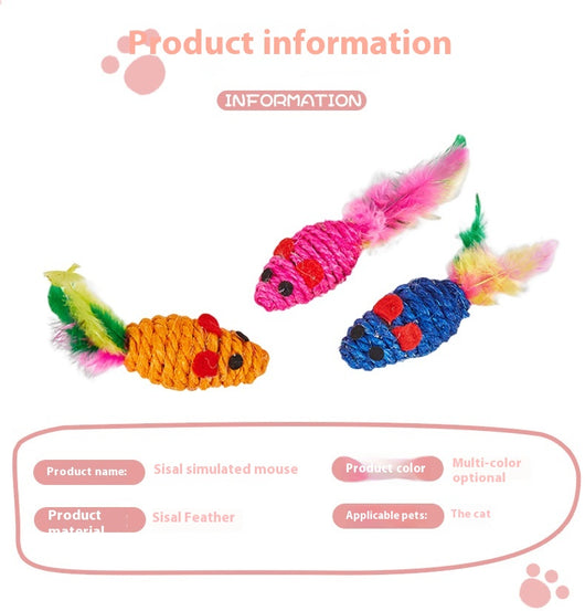 Set of three colorful sisal mouse cat toys with feather tails, packaged in clear plastic. - Image 9