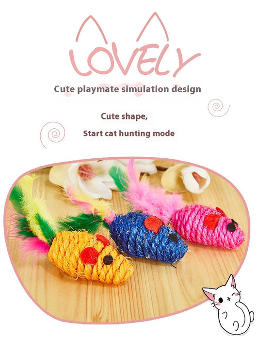 Set of three colorful sisal mouse cat toys with feather tails, packaged in clear plastic. - Image 12